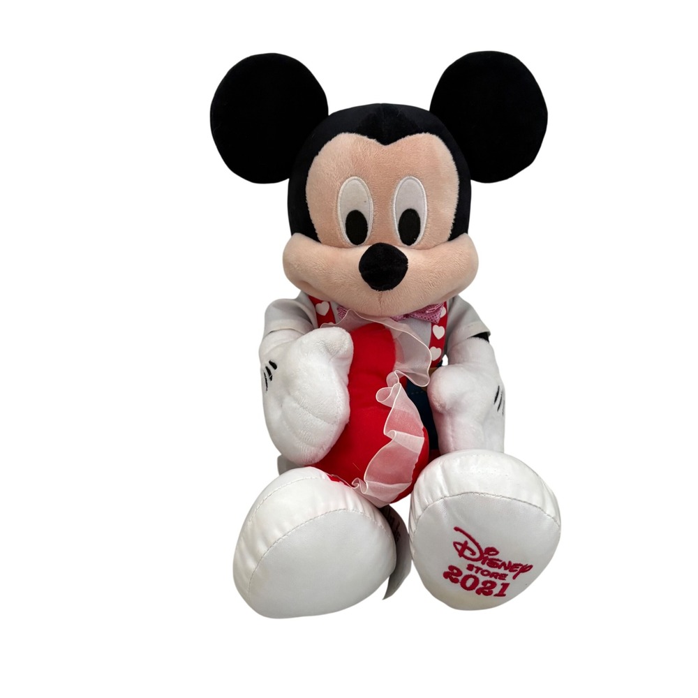 Disney Store 2021 Mickey Mouse Valentines Day Plush Heart Denim Overalls 16 inch